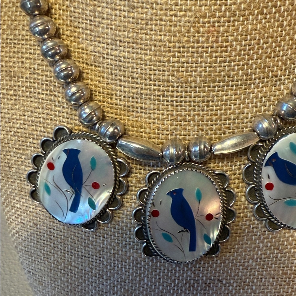 Sterling Silver 9.25 Beaded Necklace with Blue Birds. Vintage 16 inches - Picture 2 of 8